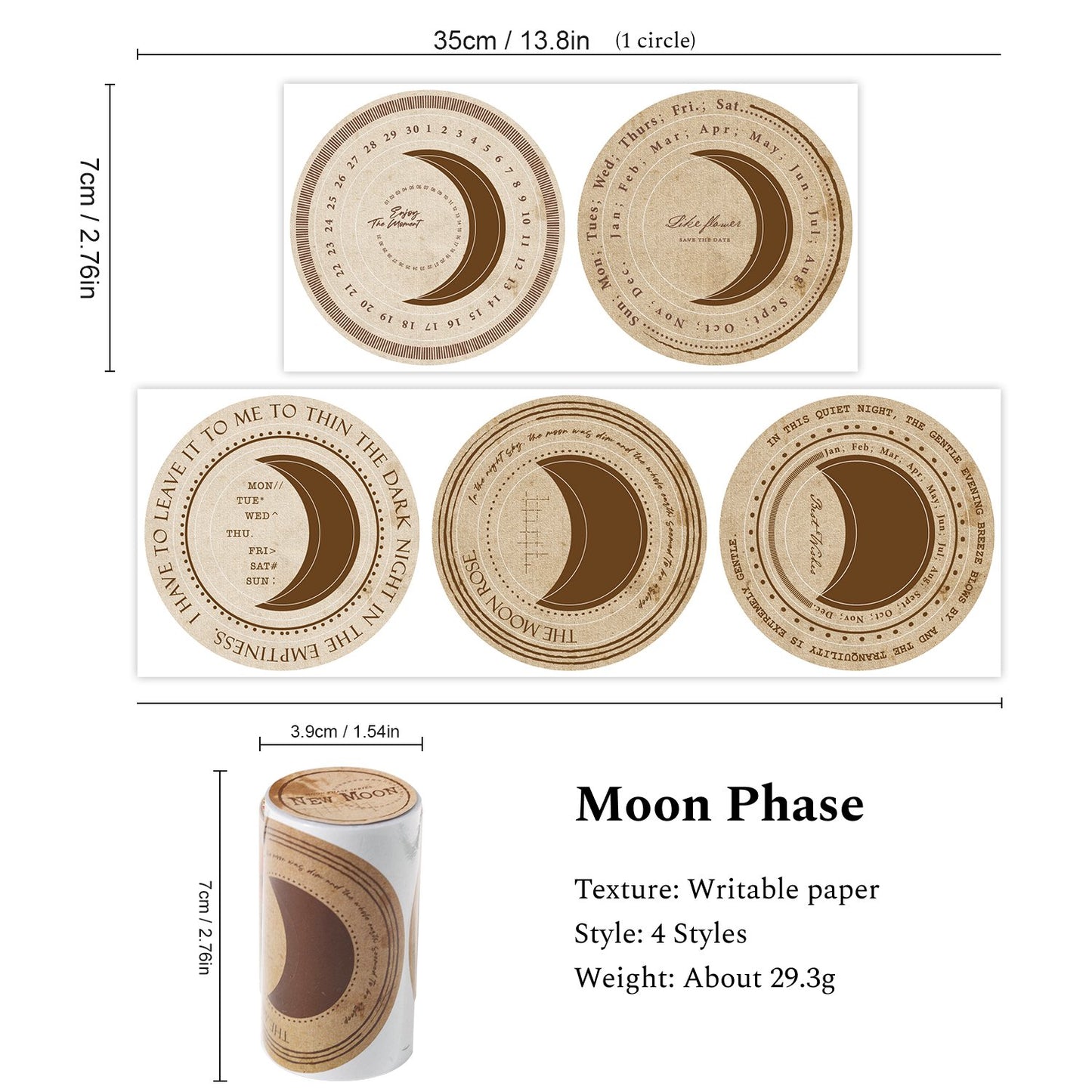 Moon Phase Series Writable Paper Tape, Collage Tape, Scrapbooking Tape, Junk Journal Stickers Tape - YYBB ART